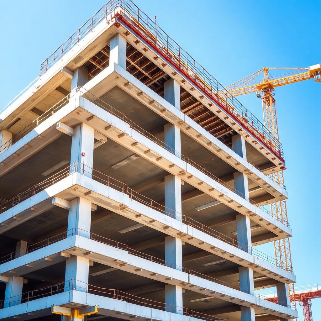Parking structure under construction with crane