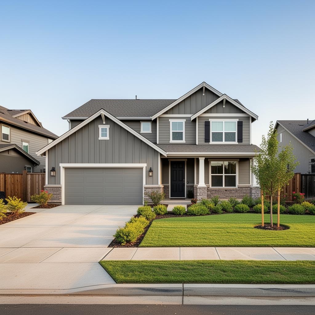 Completed spec home in Sacramento California suburban neighborhood
